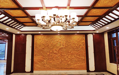 威海中式别墅客厅中式木作横梁吊顶装饰展示